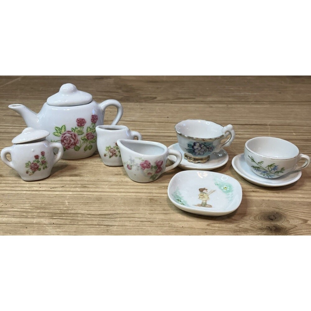 VTG Miniature Teapot & Cups & Plates Toys Dolls Tea Set Mismatched Hand painted